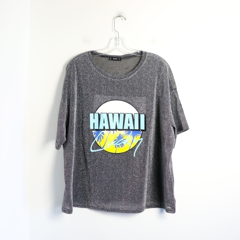 Shein Hawaii sparkly silver black t-shirt shortsleeve festival rave metallic XL